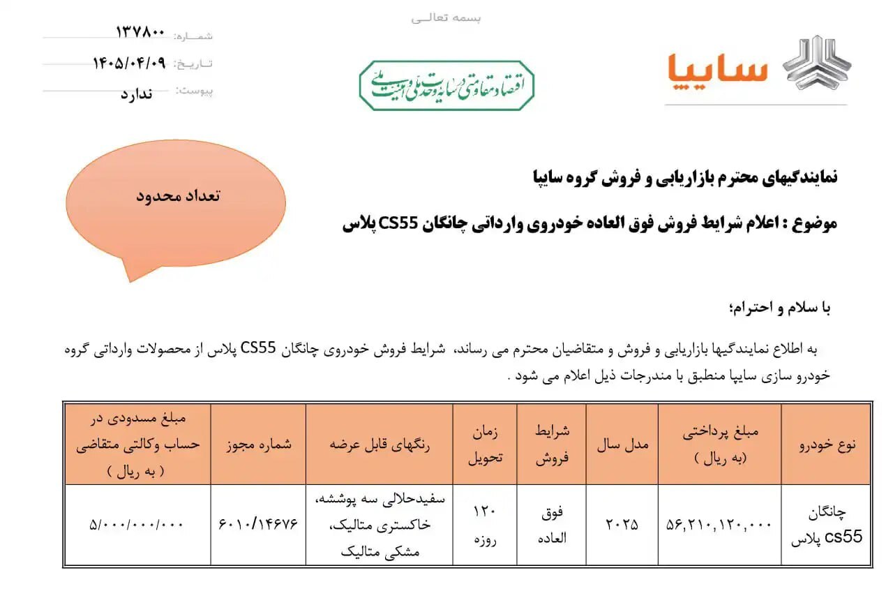 شرایط فروش چانگان CS ۵۵ پلاس سایپا برای تیرماه ۱۴۰۵ اعلام شد شرایط فروش چانگان CS ۵۵ پلاس سایپا برای تیرماه ۱۴۰۵ اعلام شد